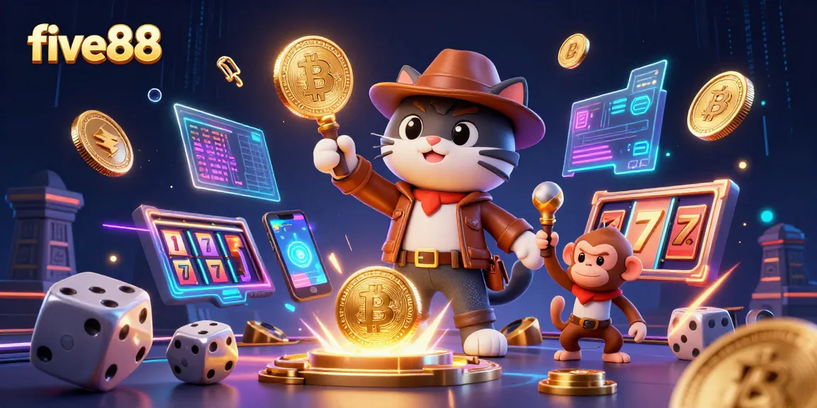 Experience five88 casino thrills with a cat explorer and monkey companion discovering treasures.