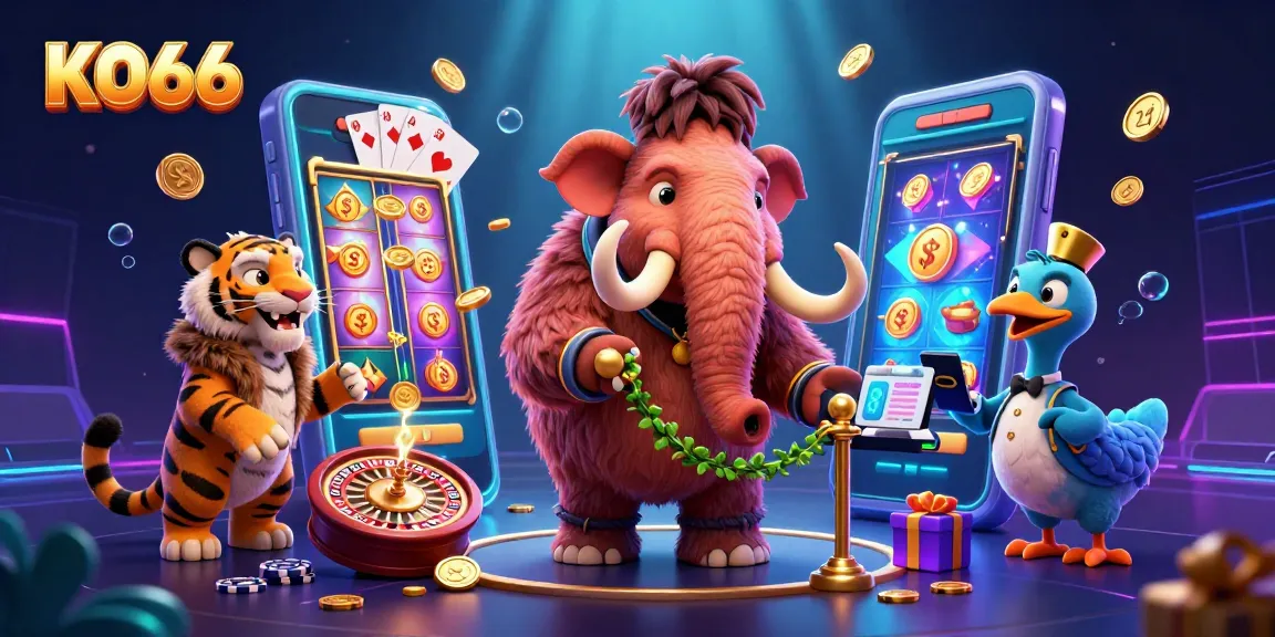 Engage with KO66's vibrant casino atmosphere featuring exciting characters, games, and dynamic elements.
