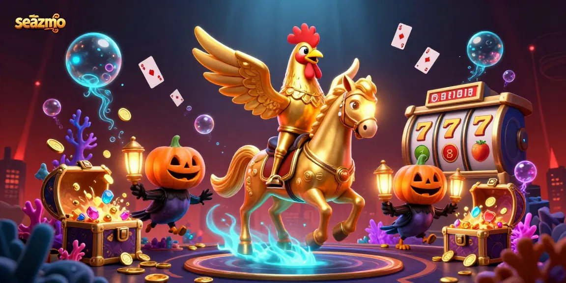 Seazmo's golden rooster mascot riding through a vibrant casino scene filled with treasure and excitement.