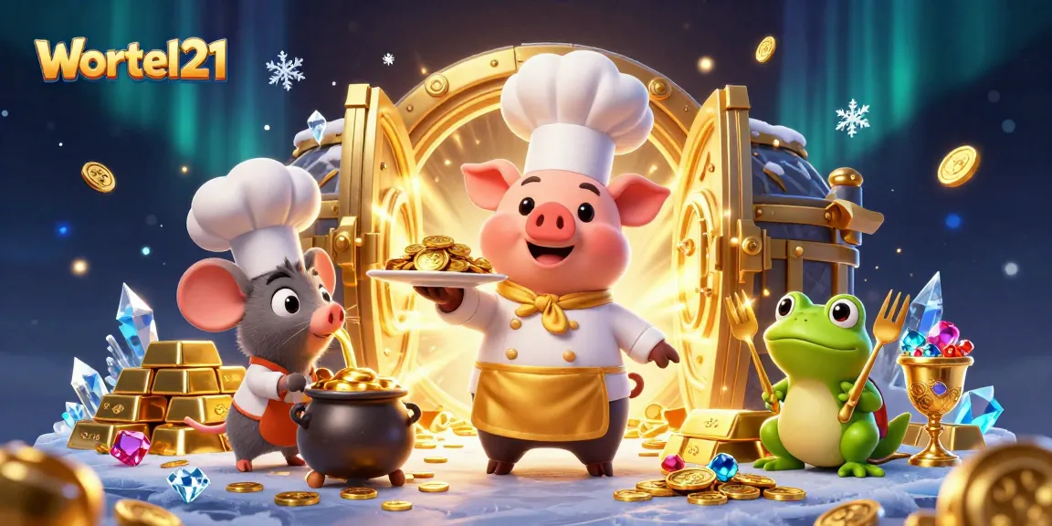 Wortel21 chef pig serves gold coins in dynamic casino scene filled with treasures