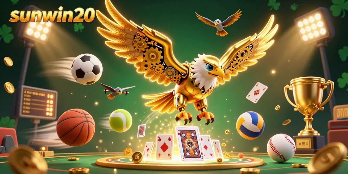 Experience thrilling gameplay with sunwin20, showcasing a cybernetic eagle amidst flying sports balls and dazzling rewards.