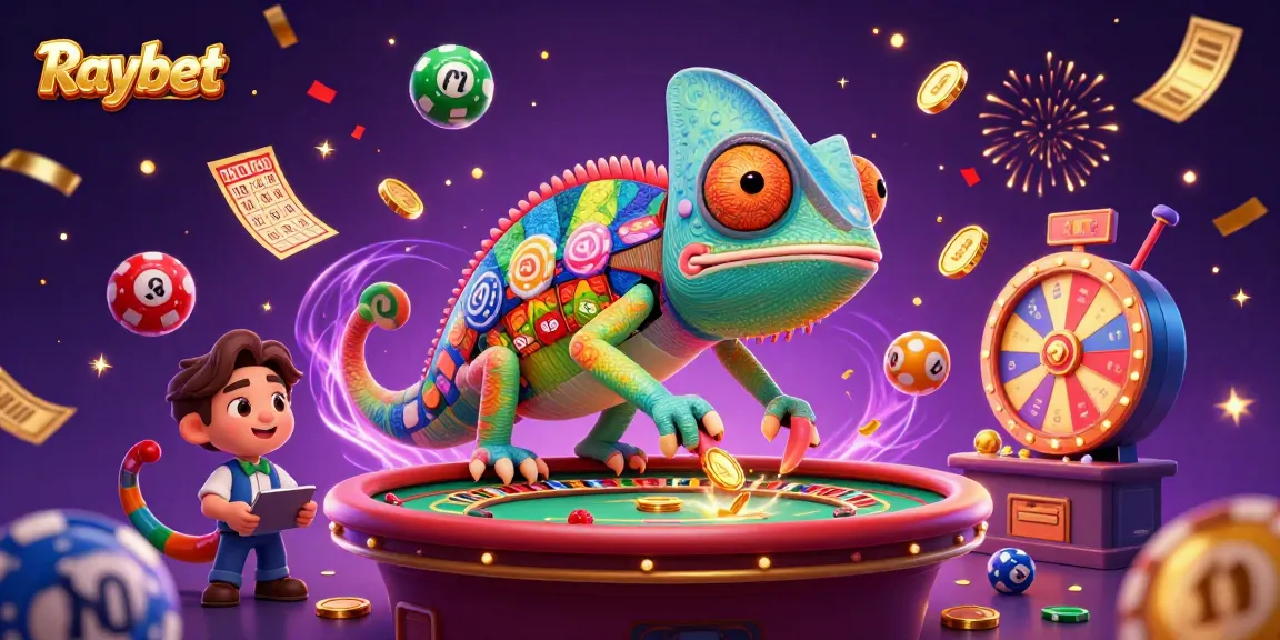 Raybet chameleon casino owner surrounded by lottery balls, prize wheels, and tickets in a vibrant scene.