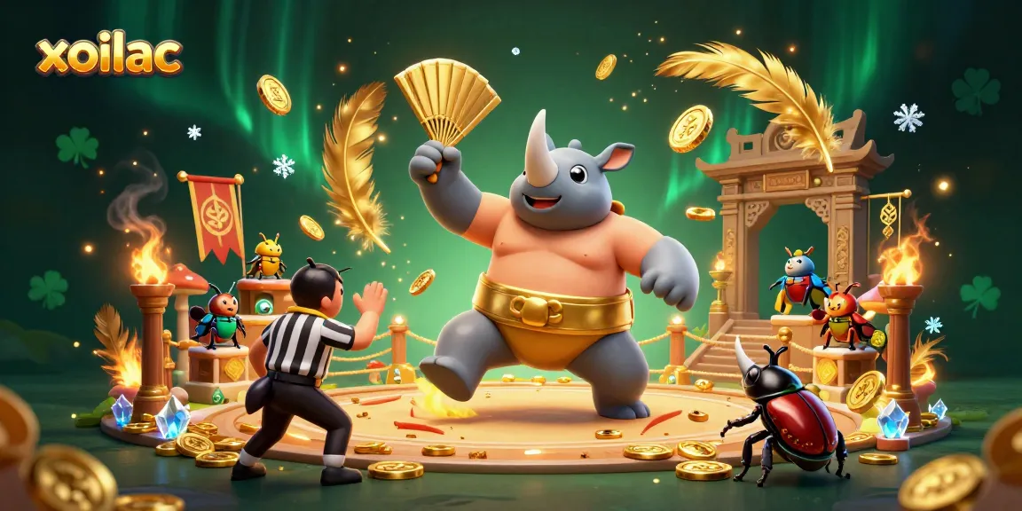 Experience thrilling gambling action at xoilac with vibrant 3D beetle champions and gold coins.