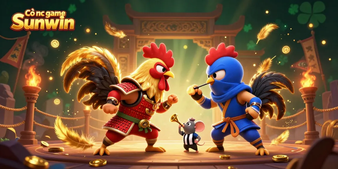 Engage in thrilling action at Cổng game Sunwin with battling roosters and vibrant casino elements.