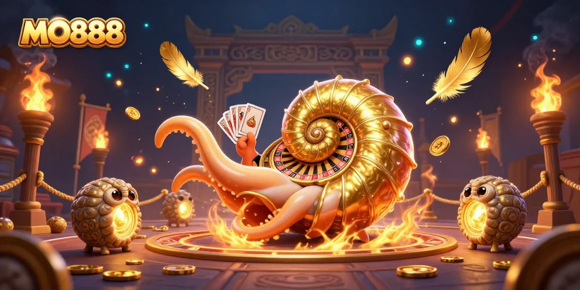 Experience the thrill of MO888 with a vibrant 3D casino scene featuring a giant nautilus and golden accents.
