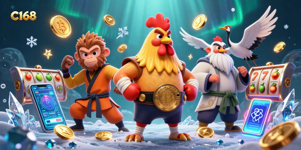 C168 players winning big with dynamic slot game vibes featuring a lively rooster and monkey.