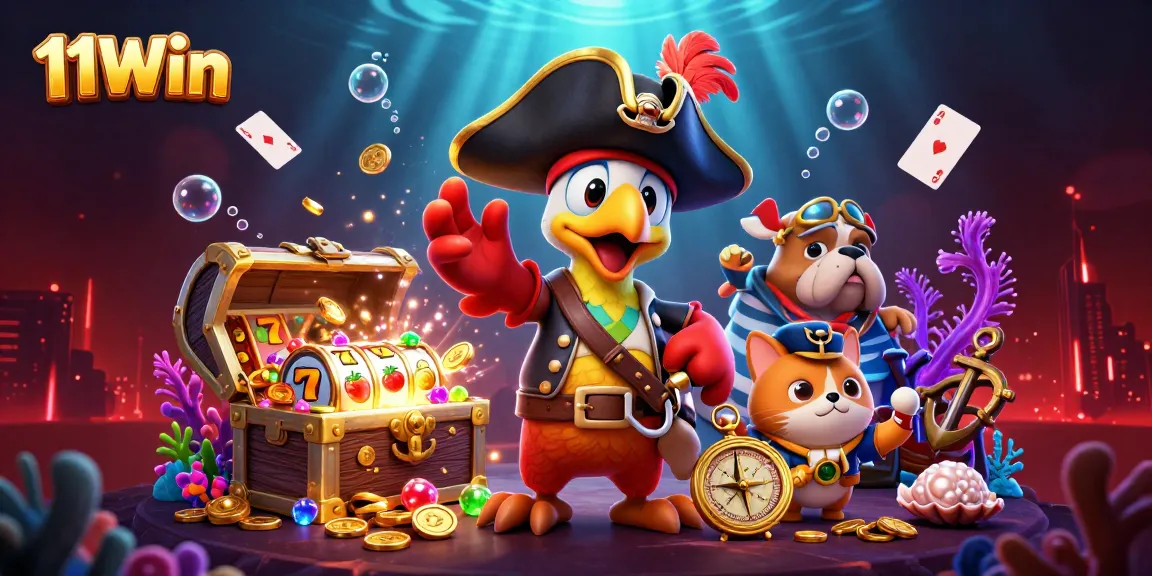 Experience the thrill of winning in 11Win with a vibrant casino scene featuring animated characters.