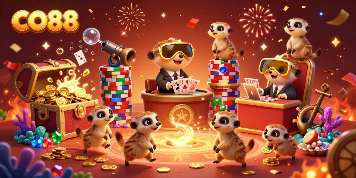 Engage with the dynamic CO88 casino scene featuring meerkats managing a vibrant casino while sneaking away chips.
