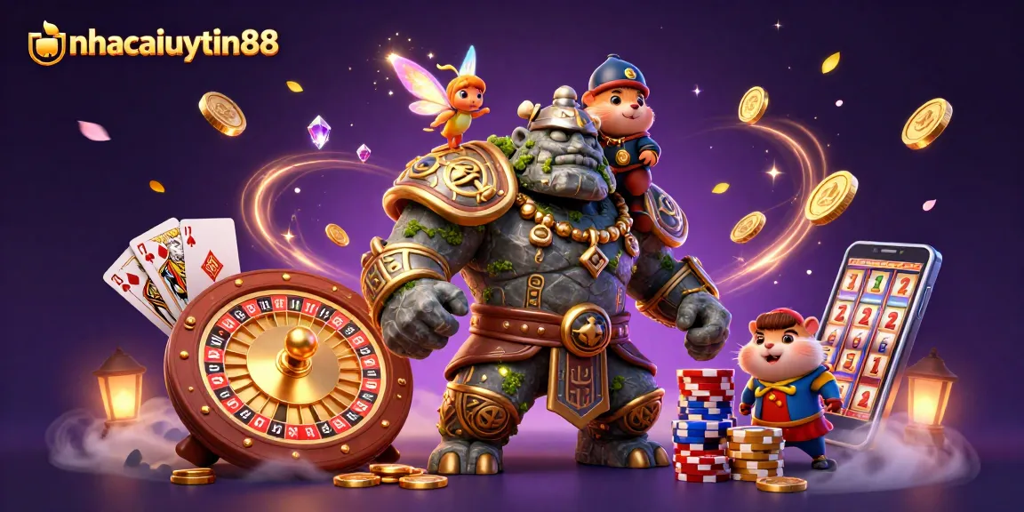 Experience the magic of nhacaiuytin88 with a thrilling 3D casino adventure featuring a golem, fairy, and knight