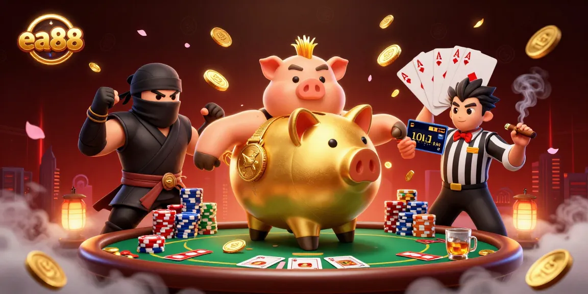 ea88 vibrant scene showcasing a golden piggy bank sumo wrestler amidst golden coins and poker elements