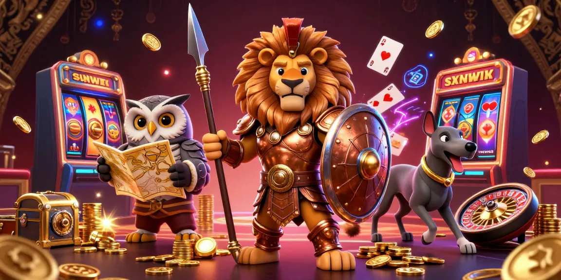 Tài xỉu sunwin illustrates a vibrant casino scene with a Spartan lion, owl, and greyhound among gold treasures and game elements.