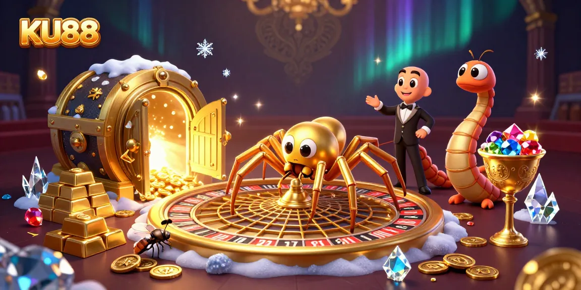 Bet with KU88 in a thrilling casino scene featuring a spider and lively elements.