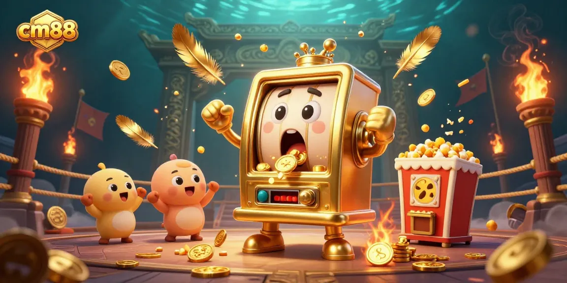 Spin the reels with cm88's golden slot machine celebrating a big jackpot in action-packed casino illustration.