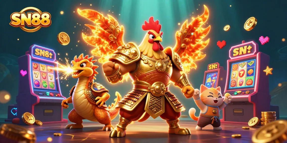 Experience thrilling gameplay with SN88's cartoon rooster warrior and dragon in a vibrant casino scene.