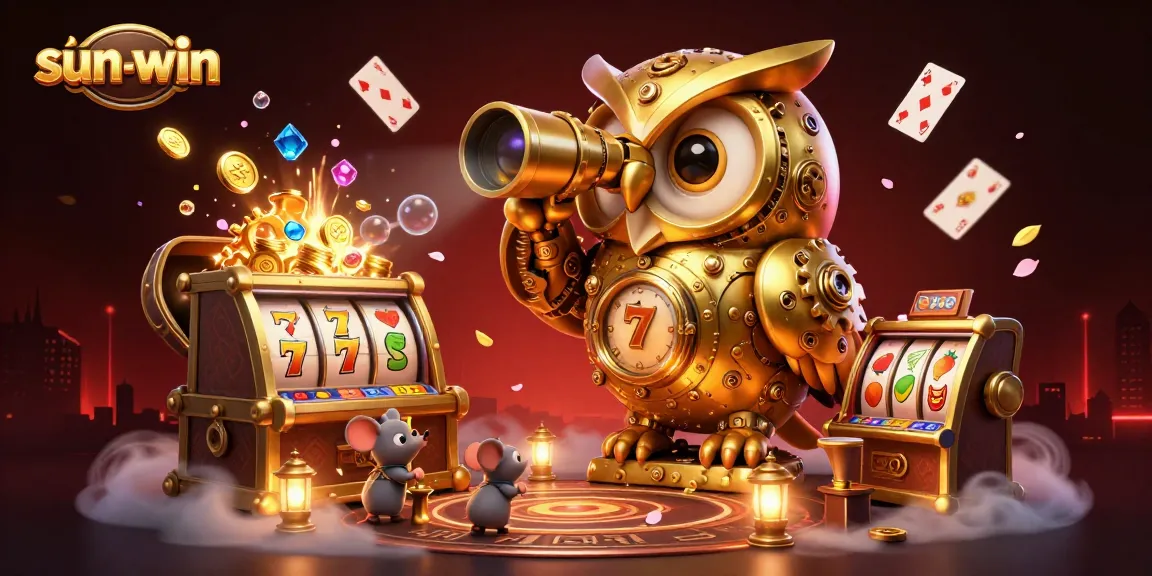 Experience the excitement of sun-win with a golden owl overseeing thrilling casino action and vibrant slot machines.