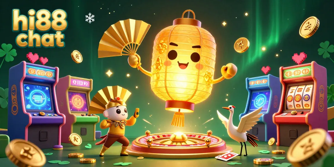 Engage with hi88 chat at a vibrant casino with golden lantern spirit illuminating exciting game elements and glowing arcade machines.