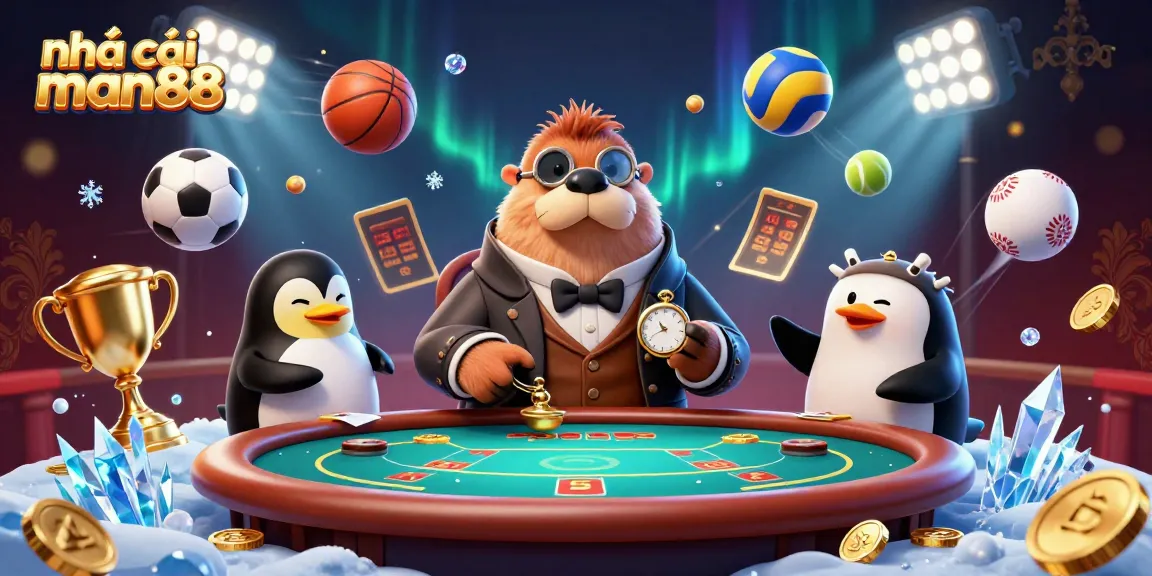 Join the excitement at nhà cái man88 with a poker game featuring a walrus, a dealer penguin, and a bluffing pufferfish.