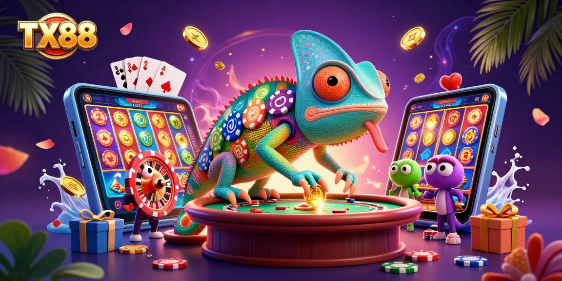 Engage with the TX88 casino experience featuring vibrant chameleon owner amidst dynamic gambling elements.