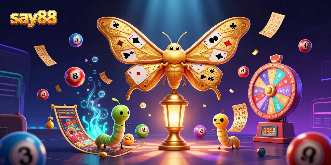 Engage with the vibrant world of say88's online gaming, featuring a majestic moth and dynamic casino visuals.