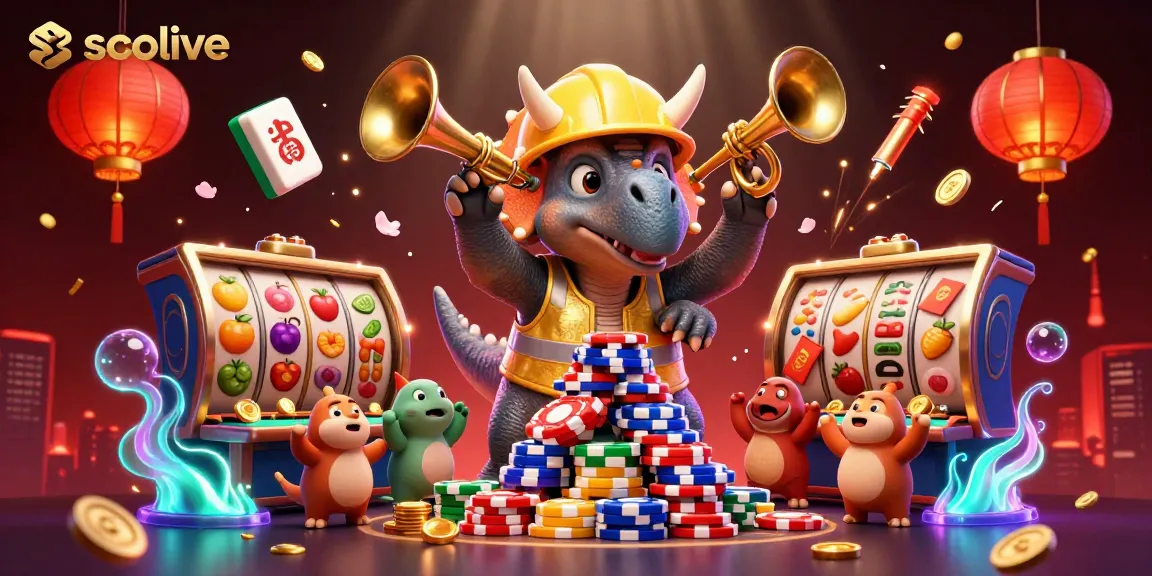 Socolive features a lively scene with playful dinosaurs celebrating casino chips among spinning slots and festive elements.