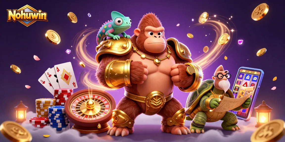 Nohuwin showcases vibrant casino elements, including a powerful gorilla and dynamic chameleon, amid rich prizes.