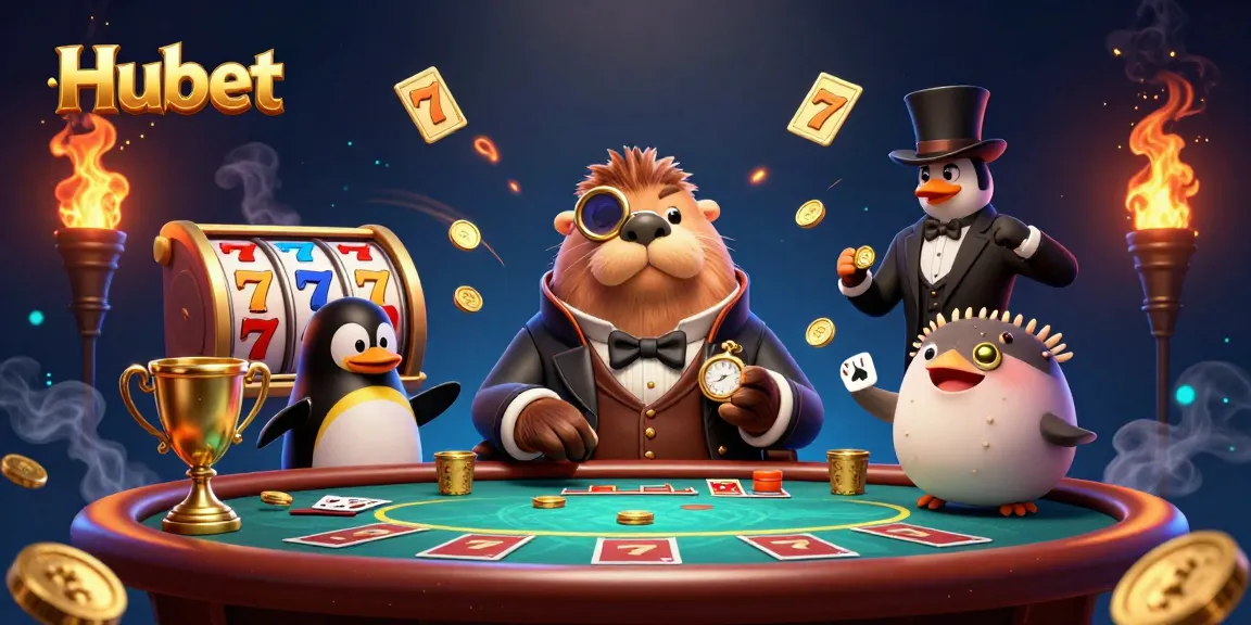 Playing exciting slot games at Hubet with a walrus, dealer penguin, and bluffing pufferfish.