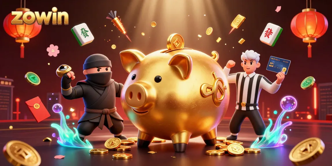 Zowin: Capture the excitement of winning with a 3D illustration featuring a golden piggy bank sumo wrestler and dynamic casino elements.