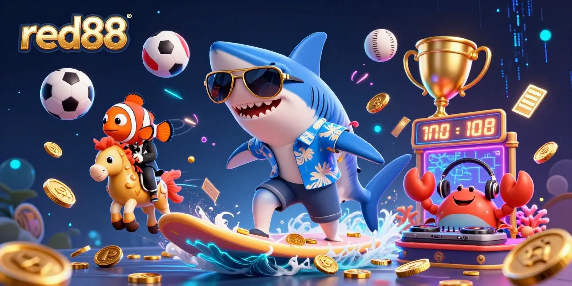 Join the excitement at red88 with a vibrant 3D casino illustration of a shark, clownfish, and crab DJ.