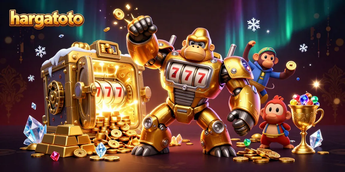 Spin the reels with hargatoto's golden gorilla mech among treasures and casino-themed elements.