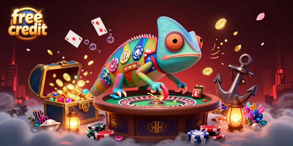 Engage with free credit bonuses at a vibrant online casino, featuring a colorful chameleon and treasure elements.