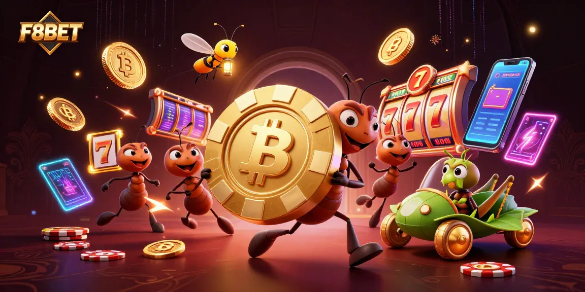F8BET casino heist with cartoon ants, poker chip heist, and slot reels.