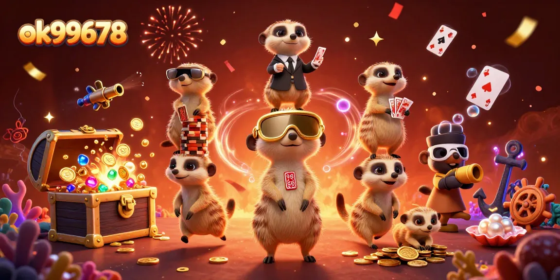 Experience thrilling gameplay at ok99678 with meerkats overseeing a vibrant casino scene filled with treasures.