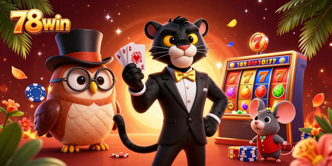 Engage with thrilling slots at 78win featuring a stylish panther and cute owl in a vibrant casino scene.