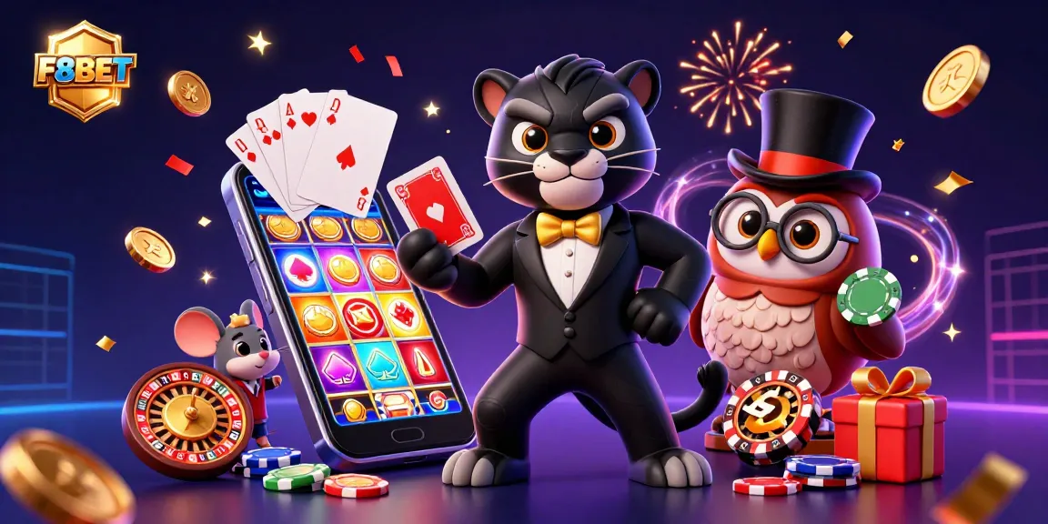 Engaging casino scene featuring F8BET characters celebrating with cards and poker chips amidst dynamic gaming elements.