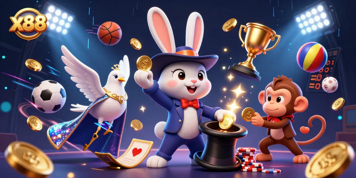 x88 players enjoying the thrill of winning with vibrant casino characters and sports elements.