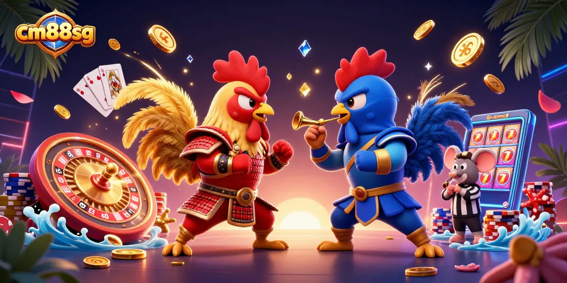 Engage in thrilling battles with cm88sg's colorful roosters in a vibrant casino fight-off scene.