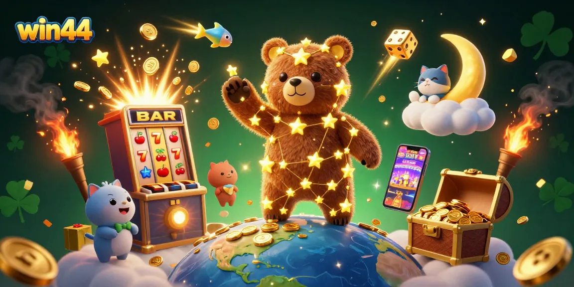 Win44 casino characters celebrate with lively slot machine and treasure in a vibrant 3D illustration.