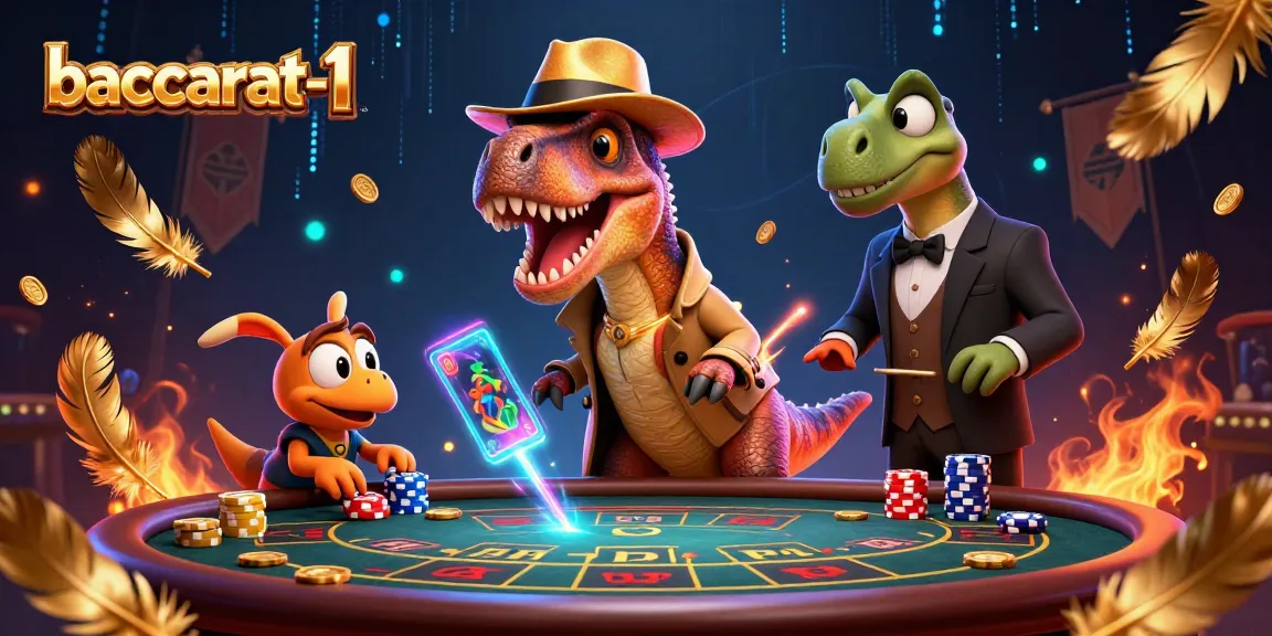 Baccarat-1 showcases a vibrant scene with a velociraptor card counter and a stegosaurus pit boss in action.