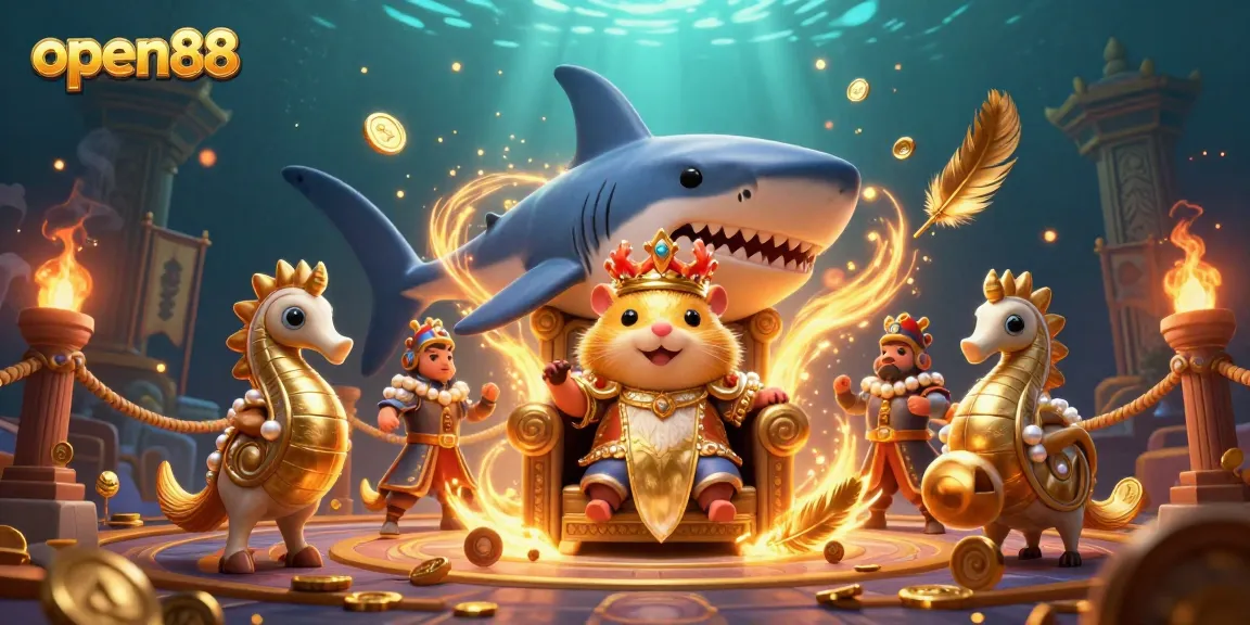 Experience excitement at open88 with a king hamster ruling a vibrant gambling arena full of treasures.