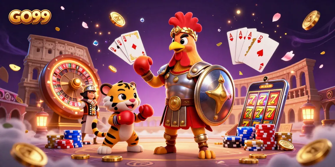 Experience thrilling gameplay with GO99 as the gladiator rooster battles in a vibrant casino arena.