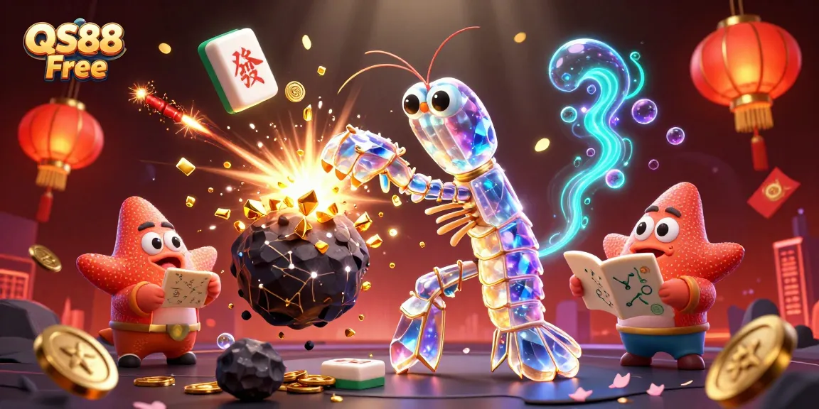 Experience exciting gameplay at QS88 Free with a lively 3D scene of a mantis shrimp and starfish amidst dynamic casino elements.