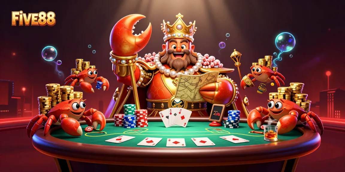 Experience the excitement of FIVE88 with the golden emperor crab overseeing dynamic poker action.