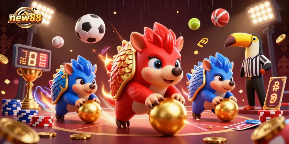 Experience exciting gameplay in new88 with rival pangolins rolling poker chips and sports balls.