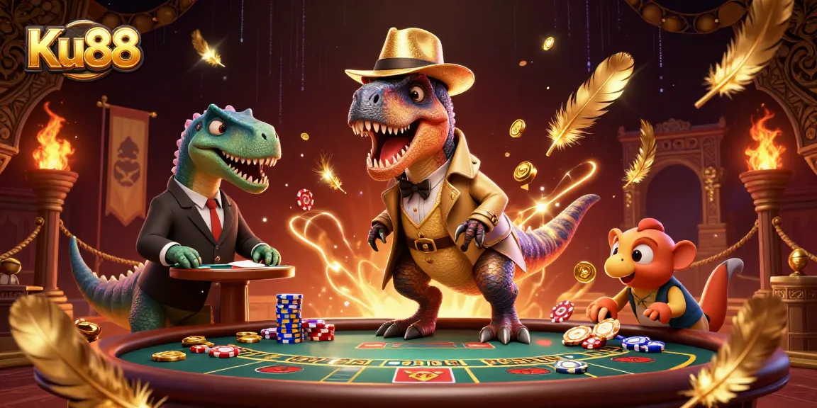 Experience thrilling action at Ku88 with a velociraptor counter and stegosaurus pit boss at a vibrant blackjack table.
