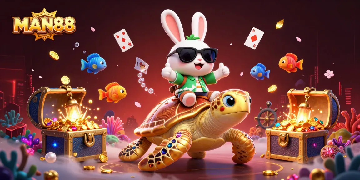 Engage with MAN88 at the exciting casino adventure, featuring a lucky rabbit on a sea turtle!