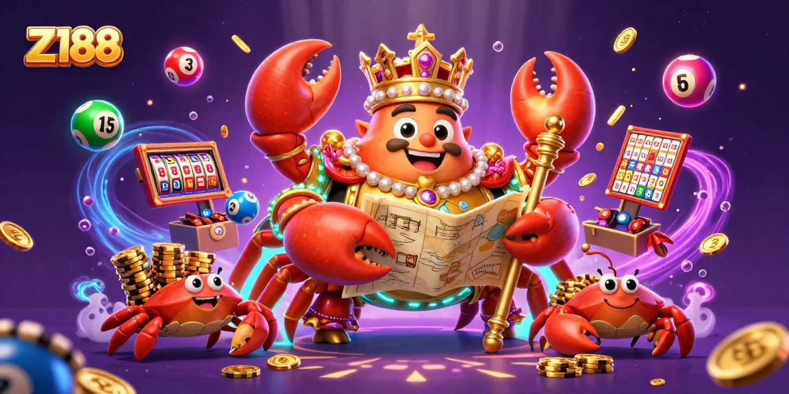 Z188 engages players in vibrant 3D casino gameplay featuring a golden crab emperor surrounded by rich gaming elements.