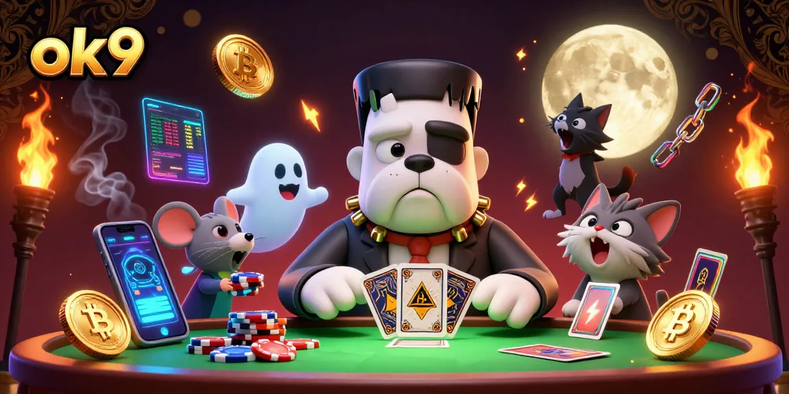 Engage in thrilling card games at ok9 with a whimsical 3D scene featuring a monster dealer and cosmic visuals.