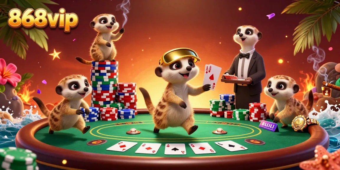 Experience the excitement of 868vip with meerkats running a lively casino featuring colorful poker chips and gaming elements.