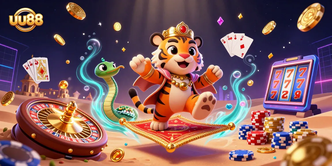 Engage with uu88’s magical casino adventure featuring a tiger sultan and a genie amidst glittering treasures.