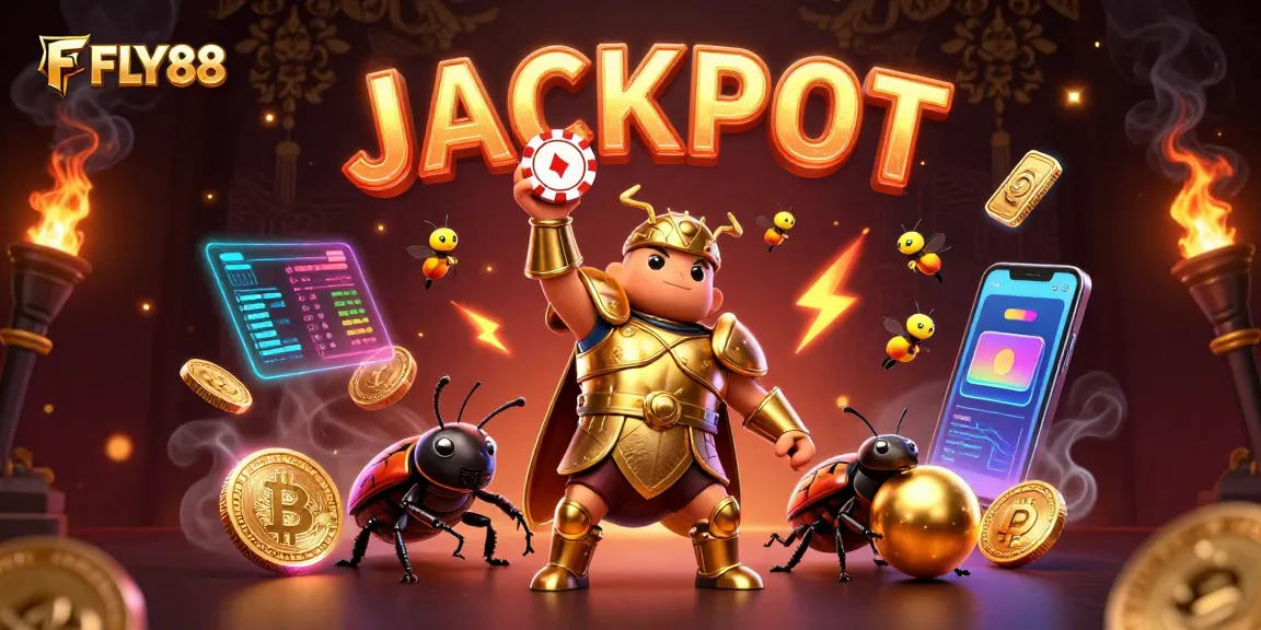 FLY88 players celebrating with a victorious beetle at the online casino jackpot scene featuring golden elements and cryptocurrencies.